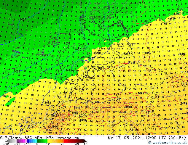 SLP/Temp. 850 hPa Arpege-eu pon. 17.06.2024 12 UTC