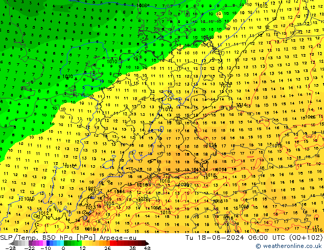 SLP/Temp. 850 hPa Arpege-eu Tu 18.06.2024 06 UTC