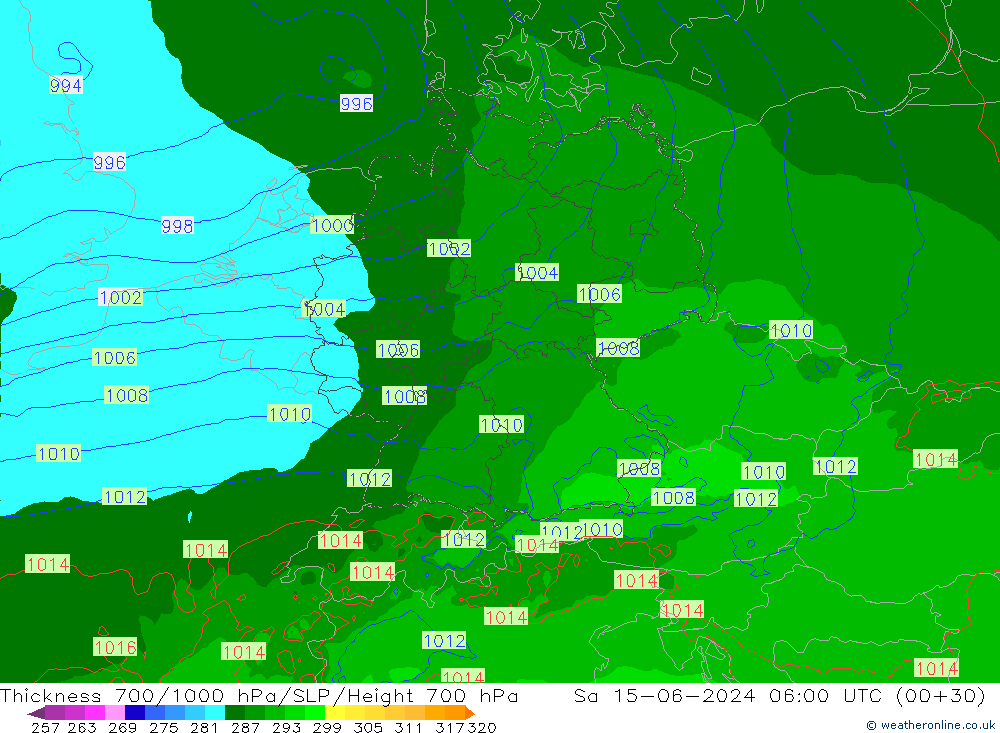 Dikte700-1000 hPa Arpege-eu za 15.06.2024 06 UTC