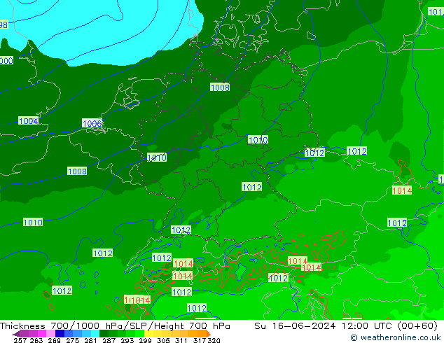 Thck 700-1000 hPa Arpege-eu Ne 16.06.2024 12 UTC