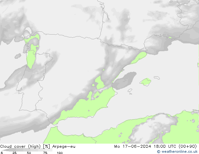 Cloud cover (high) Arpege-eu Mo 17.06.2024 18 UTC