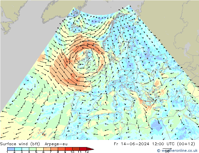 Surface wind (bft) Arpege-eu Fr 14.06.2024 12 UTC