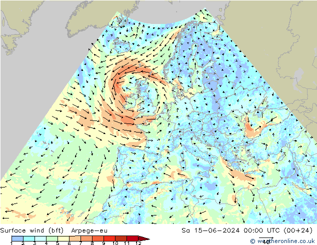 Wind 10 m (bft) Arpege-eu za 15.06.2024 00 UTC