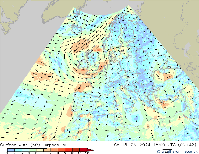 Viento 10 m (bft) Arpege-eu sáb 15.06.2024 18 UTC