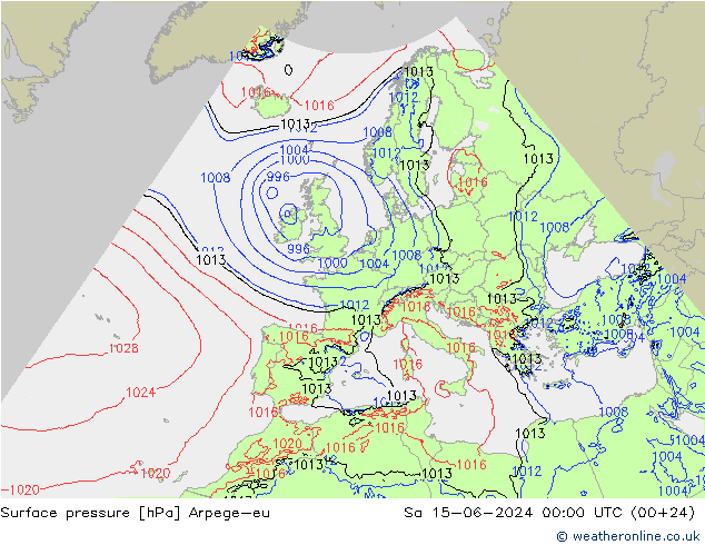 Pressione al suolo Arpege-eu sab 15.06.2024 00 UTC