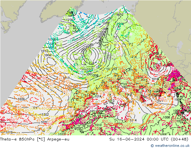 Theta-e 850hPa Arpege-eu dom 16.06.2024 00 UTC