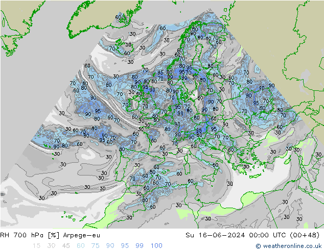 RH 700 hPa Arpege-eu So 16.06.2024 00 UTC