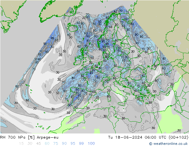 RH 700 hPa Arpege-eu Tu 18.06.2024 06 UTC