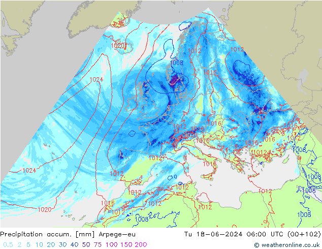 Precipitation accum. Arpege-eu Tu 18.06.2024 06 UTC