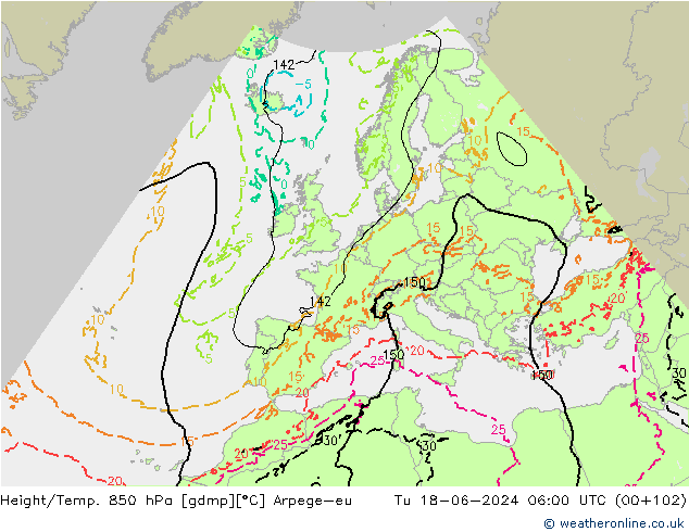 Height/Temp. 850 hPa Arpege-eu Út 18.06.2024 06 UTC