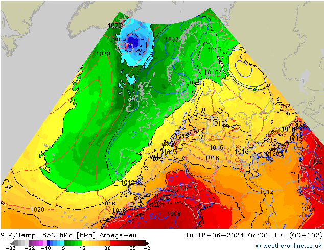 SLP/Temp. 850 hPa Arpege-eu Di 18.06.2024 06 UTC