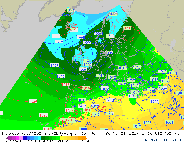 Thck 700-1000 hPa Arpege-eu Sa 15.06.2024 21 UTC