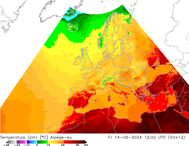 Temperaturkarte (2m) Arpege-eu Fr 14.06.2024 12 UTC