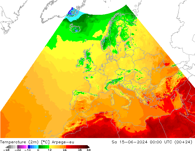 Temperatura (2m) Arpege-eu sab 15.06.2024 00 UTC