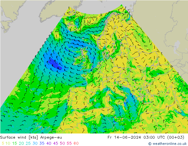 Wind 10 m Arpege-eu vr 14.06.2024 03 UTC
