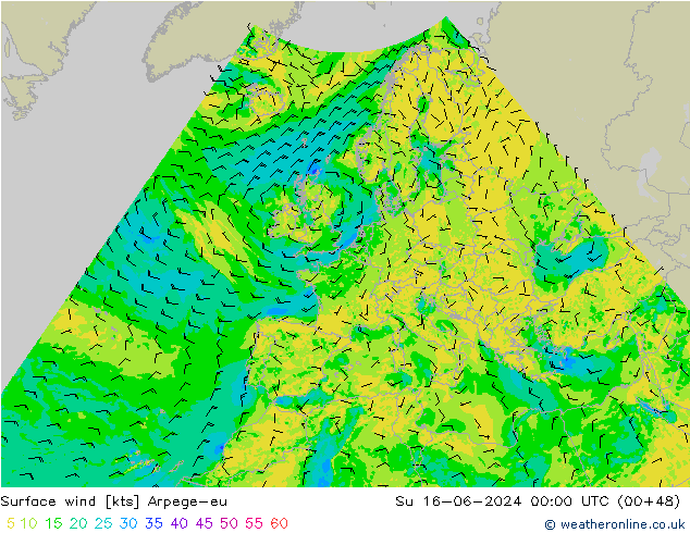 Surface wind Arpege-eu Ne 16.06.2024 00 UTC