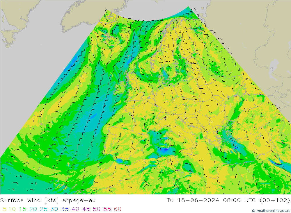 Surface wind Arpege-eu Tu 18.06.2024 06 UTC