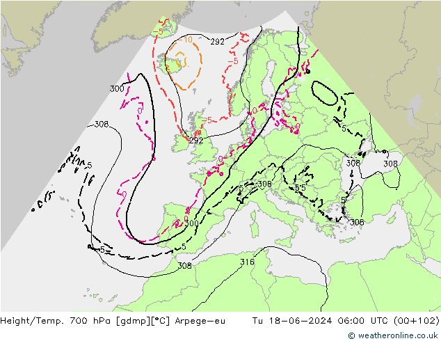 Height/Temp. 700 hPa Arpege-eu Tu 18.06.2024 06 UTC