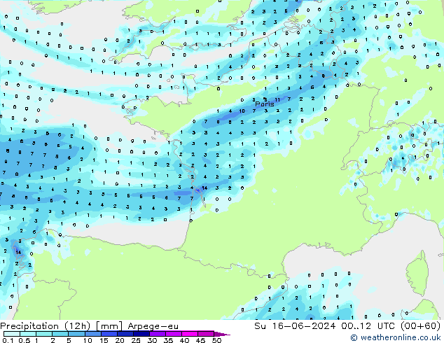 Precipitação (12h) Arpege-eu Dom 16.06.2024 12 UTC