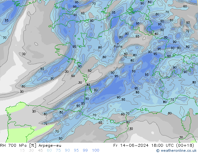 RH 700 hPa Arpege-eu Sex 14.06.2024 18 UTC