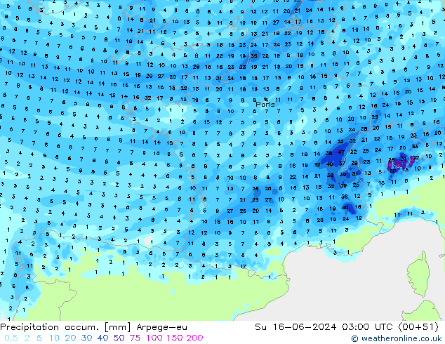 Precipitation accum. Arpege-eu Su 16.06.2024 03 UTC