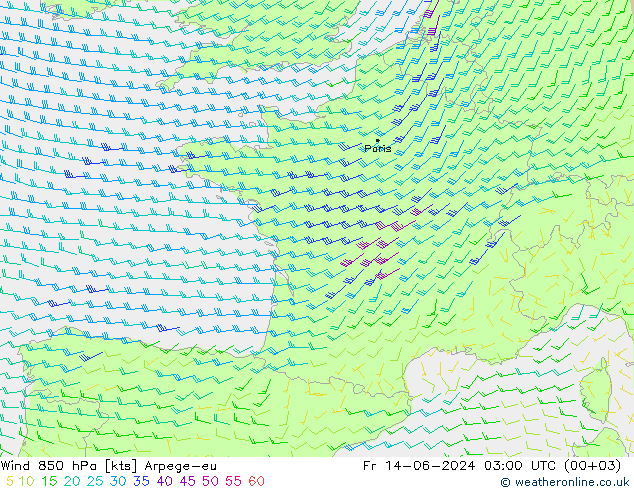 ветер 850 гПа Arpege-eu пт 14.06.2024 03 UTC
