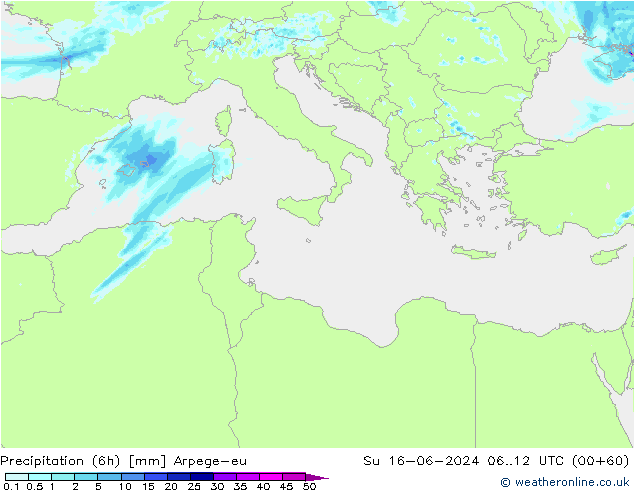 Précipitation (6h) Arpege-eu dim 16.06.2024 12 UTC