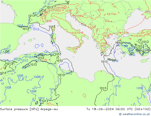 Surface pressure Arpege-eu Tu 18.06.2024 06 UTC