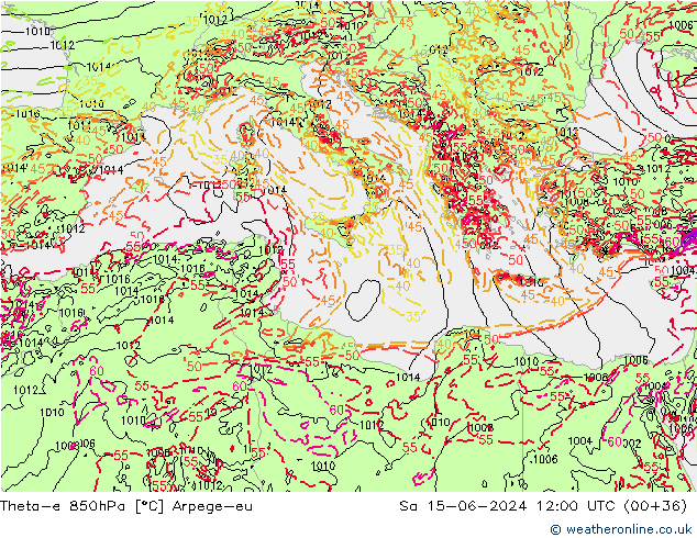 Theta-e 850hPa Arpege-eu So 15.06.2024 12 UTC