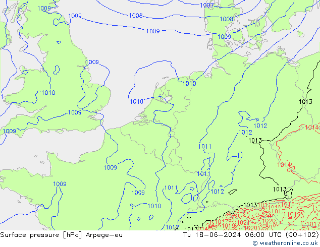 Surface pressure Arpege-eu Tu 18.06.2024 06 UTC