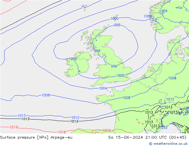 Surface pressure Arpege-eu Sa 15.06.2024 21 UTC