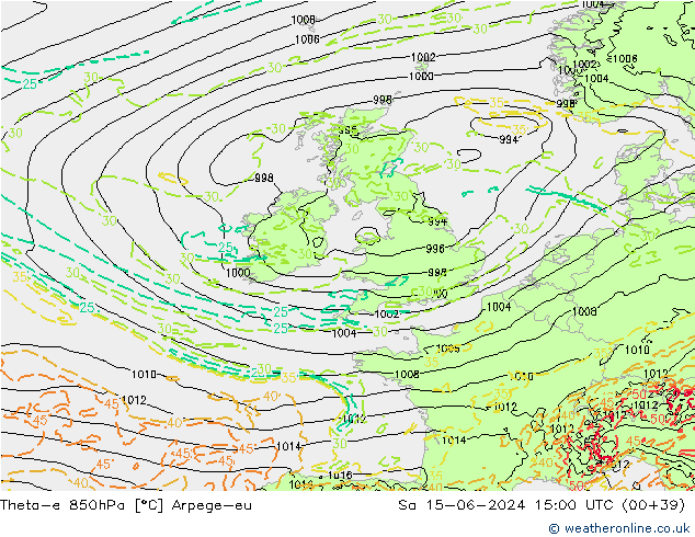 Theta-e 850hPa Arpege-eu So 15.06.2024 15 UTC