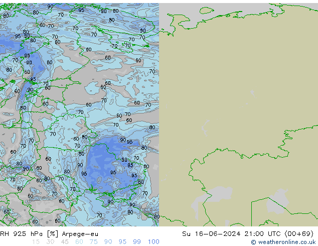 RH 925 hPa Arpege-eu Ne 16.06.2024 21 UTC