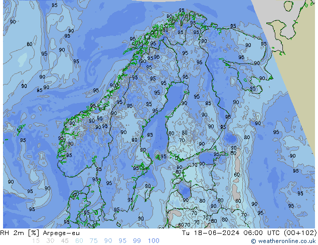 RH 2m Arpege-eu Út 18.06.2024 06 UTC