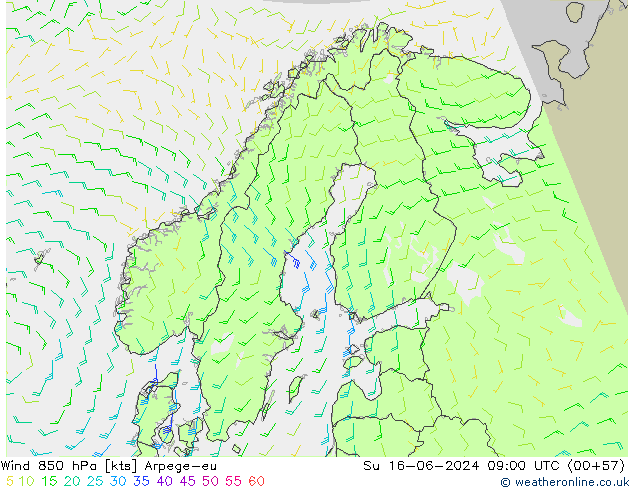 Vento 850 hPa Arpege-eu Dom 16.06.2024 09 UTC