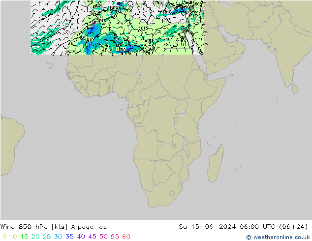 wiatr 850 hPa Arpege-eu so. 15.06.2024 06 UTC