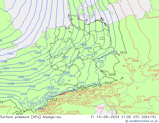 Atmosférický tlak Arpege-eu Pá 14.06.2024 21 UTC