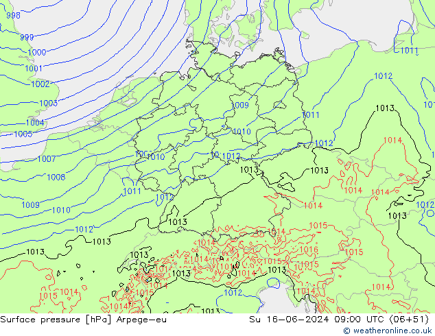 Surface pressure Arpege-eu Su 16.06.2024 09 UTC