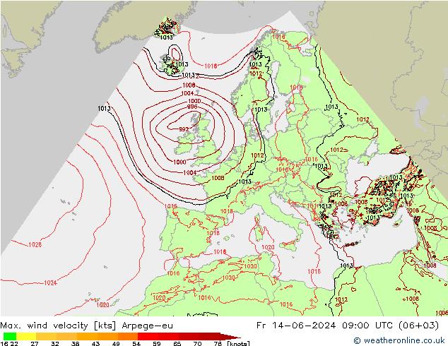 Max. wind velocity Arpege-eu Fr 14.06.2024 09 UTC