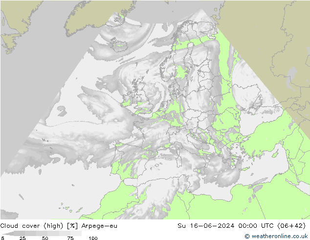 Cloud cover (high) Arpege-eu Su 16.06.2024 00 UTC