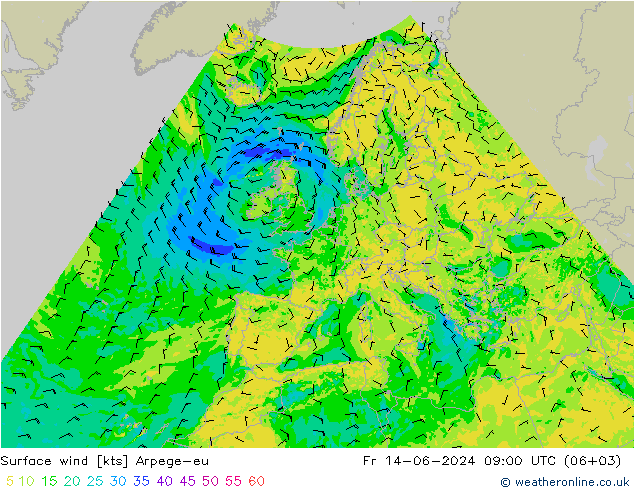 Vento 10 m Arpege-eu Sex 14.06.2024 09 UTC