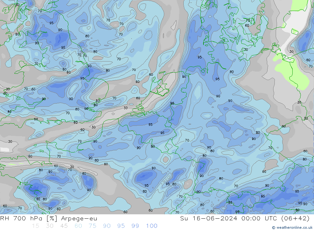 RH 700 hPa Arpege-eu Su 16.06.2024 00 UTC