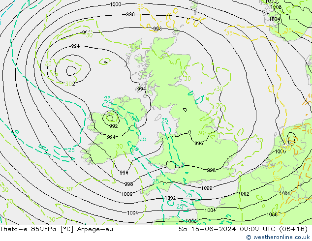 Theta-e 850hPa Arpege-eu Sa 15.06.2024 00 UTC