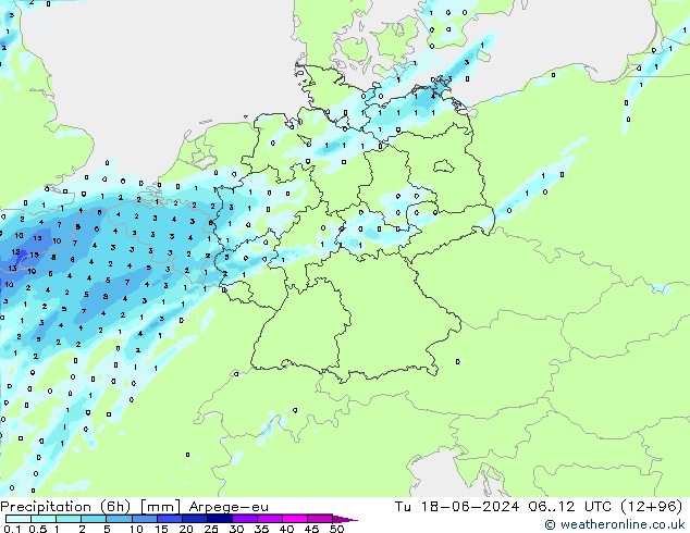 Precipitation (6h) Arpege-eu Tu 18.06.2024 12 UTC