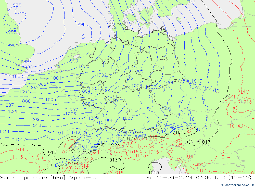 Pressione al suolo Arpege-eu sab 15.06.2024 03 UTC