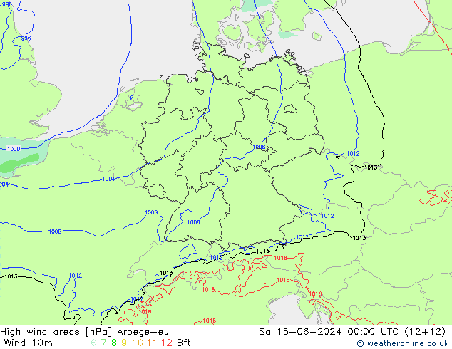 High wind areas Arpege-eu sab 15.06.2024 00 UTC