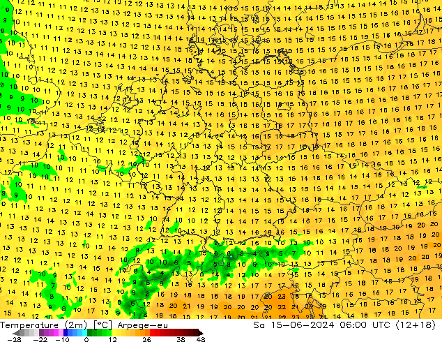 mapa temperatury (2m) Arpege-eu so. 15.06.2024 06 UTC