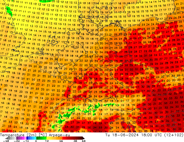 Temperatuurkaart (2m) Arpege-eu di 18.06.2024 18 UTC