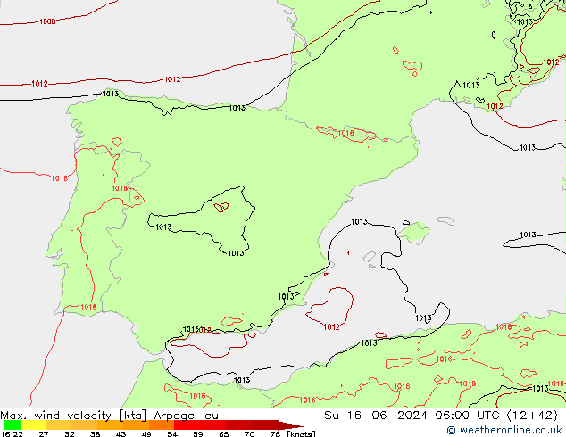 Max. wind velocity Arpege-eu Вс 16.06.2024 06 UTC