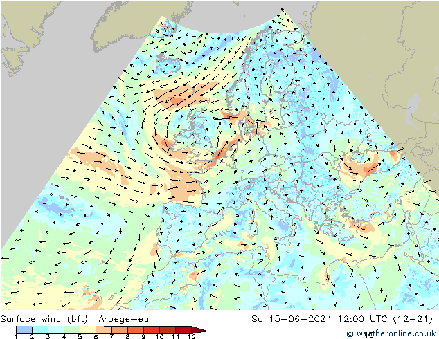 Surface wind (bft) Arpege-eu Sa 15.06.2024 12 UTC
